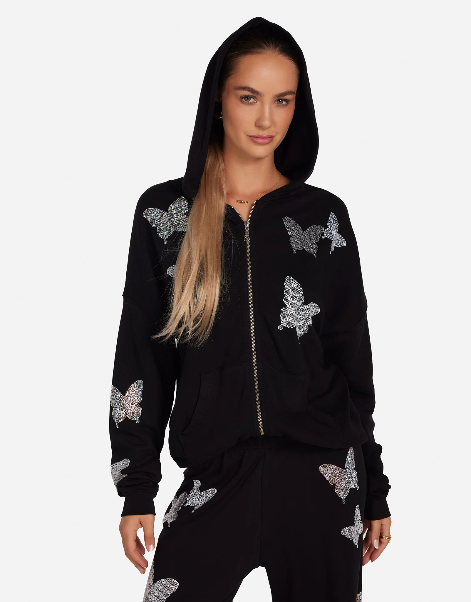 Crystal Opal Butterflies Zip Up Hoodie in Black | Koa by Lauren Moshi | Lauren Moshi
