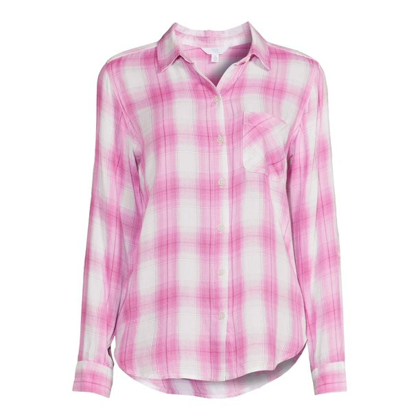 Time and Tru Women's Button Front Soft Shirt with Long Sleeves | Walmart (US)