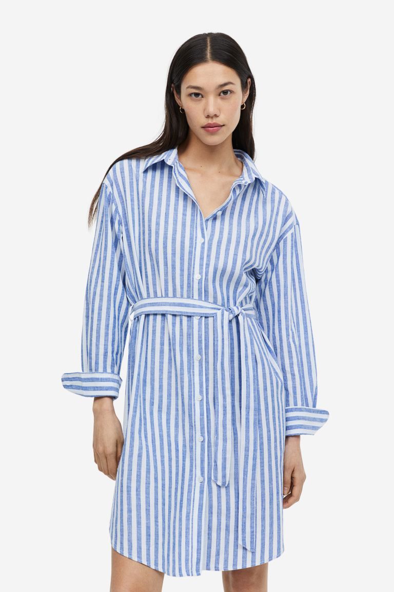 Linen-blend shirt dress - Blue/Striped - Ladies | H&M GB | H&M (UK, MY, IN, SG, PH, TW, HK)