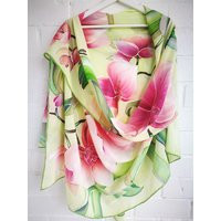 Hand-Painted Silk Floral Scarf Pink Orchid in Light Green | Etsy (US)