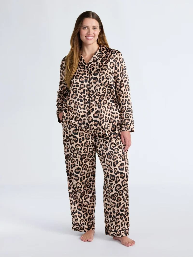 Joyspun Women’s Stretch Satin Notch Long Sleeve Top and Pants Pajama Set, 2-Piece, Sizes XS-3X | Walmart (US)