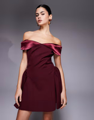 Wanderdoll Daphne structured off the shoulder satin sleeves hip pleats mini dress in burgundy | ASOS (Global)