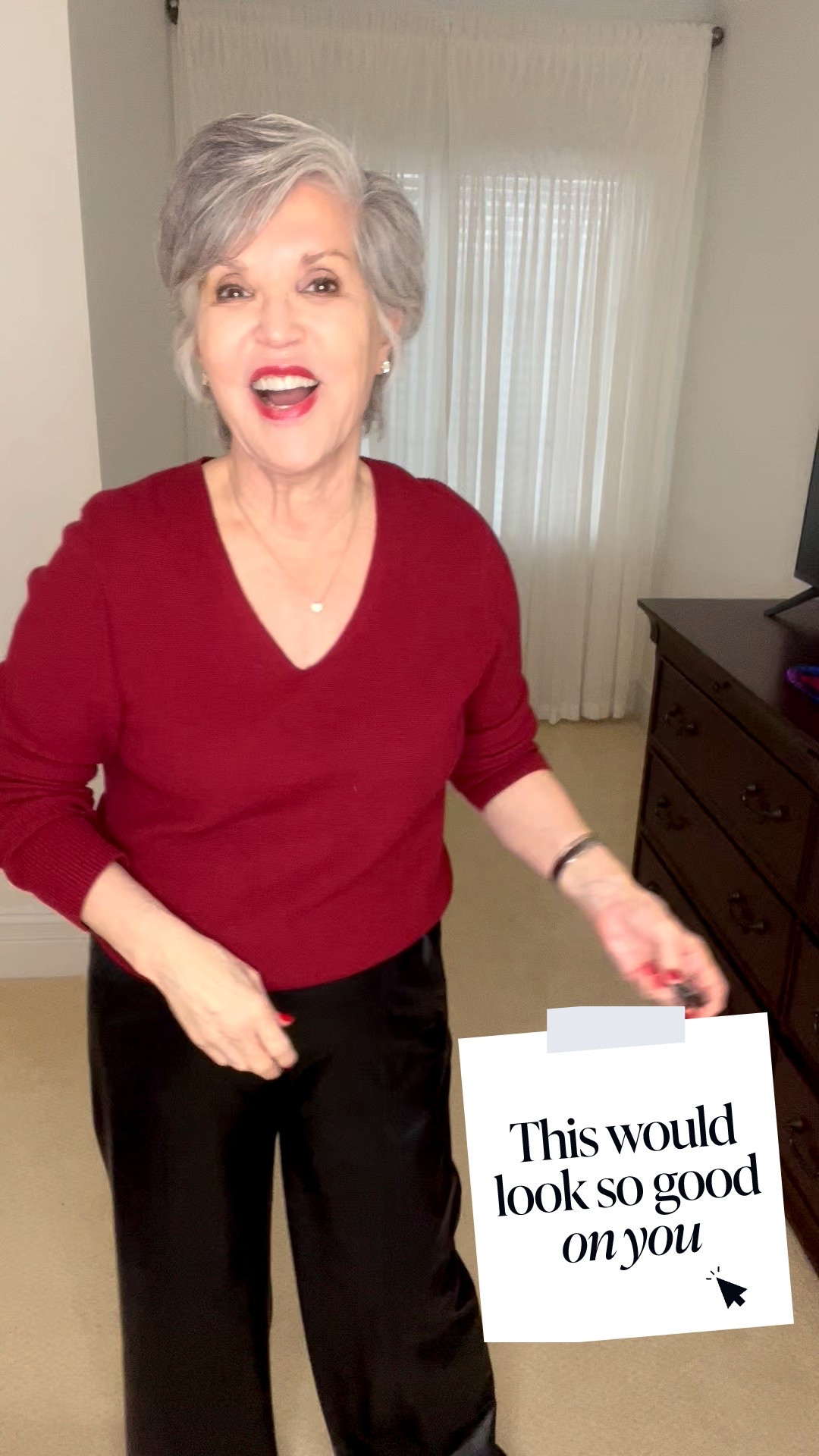 How do you put together winter separates to make a cute outfit? Easy! First, accessorize your look with pretty silver (or gold) jewelry. Add a pave heart ❤️ necklace inside your v-neckline. V-necklines are SOOO flattering to the aging neck. Then, pop on faux leather pants for warmth and style with black suede booties for texture. Complete your ensemble with a colorful scarf that you tie in a simple way (watch the video here!) Done ✅! Cute 🥰! Warm! YAY, you !

#LTKOver40 #LTKdayinmylife #LTKWorkwear