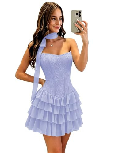 kilusoft Lace Homecoming Dresses Tiered Corset Short Dress Lavender 0 | Amazon (US)