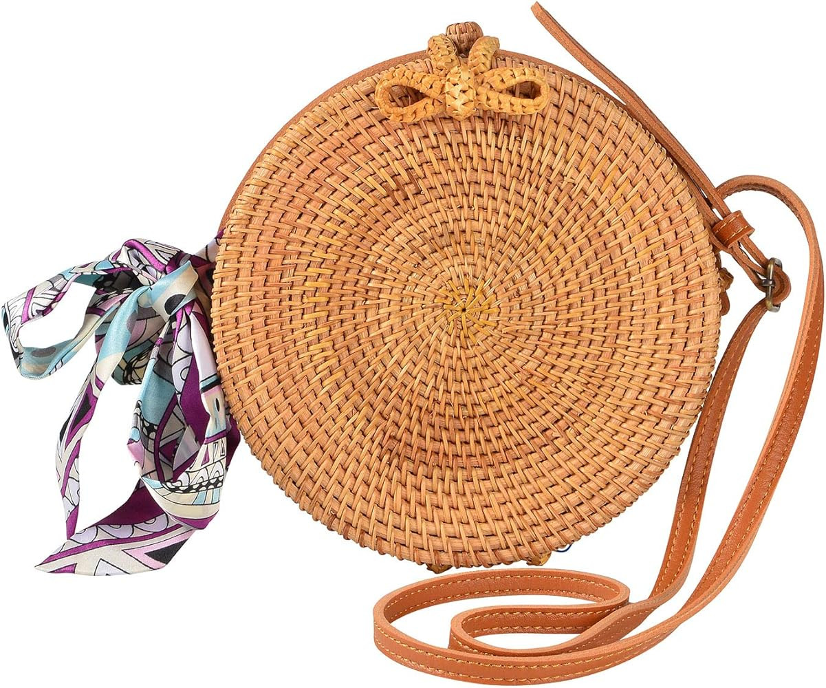 Round Rattan Bags Woman Handwoven Straw Purse Bag Crossbody Shoulder Leather Straps Natural Chic | Amazon (US)