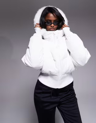 ASOS 4505 Ski cropped insulated ski bomber jacket with faux fur hood in white | ASOS | ASOS (Global)