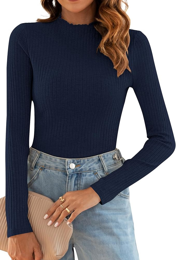 Poetsky Women's Fall Long Sleeve Tops Lightweight Turtleneck Sweater Ribbed Fitted Basic Shirts | Amazon (US)