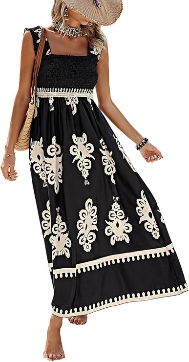 SHENHE Women's Smocked Sleeveless Flowy Tribal Print Summer Boho Vacation Maxi Dress | Amazon (US)