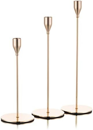 Gold Candlestick Holders Taper Candle Stand, Set of 3 Candle Stick Holders Set, Brass Gold Tall C... | Amazon (US)