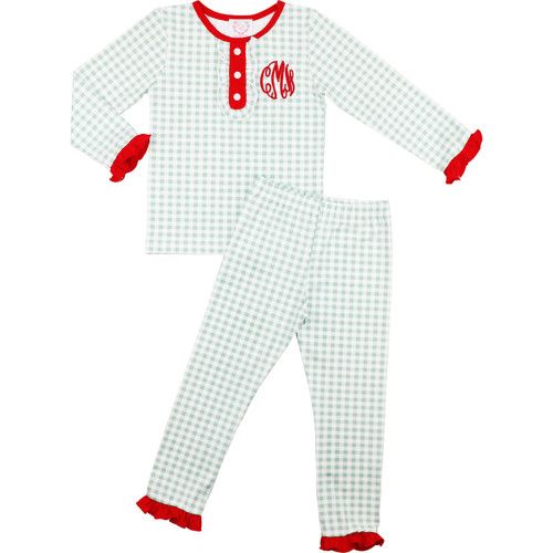 Green And Red Check Knit Ruffle Pajamas Shipping late November | Cecil and Lou