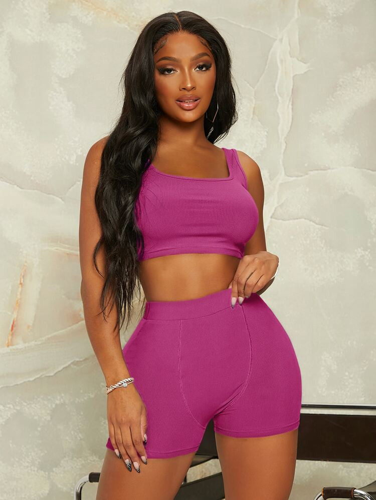 Ribbed Knit Tank Top & Biker Shorts | SHEIN