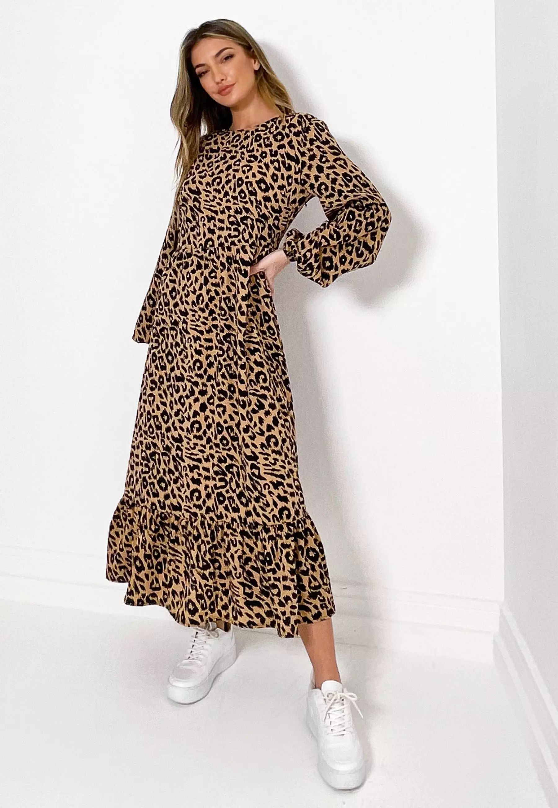 Brown Leopard Print Ruffle Hem Midi Smock Dress | Missguided (US & CA)