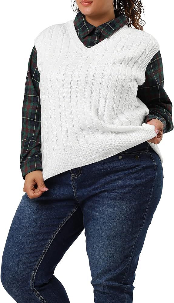 Agnes Orinda Women's Plus Size Sweater Vest V Neck Cable Knit Sweater Sleeveless Pullover Sweater... | Amazon (US)