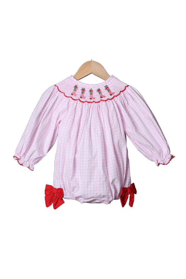 Smocked Pink Windowpane Christmas Cowboy Boot Bubble | The Smocked Flamingo