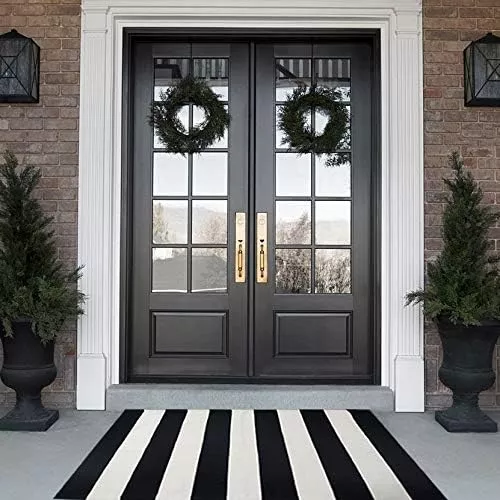 Black and White Striped Rug Outdoor Reversible Mat 35.4'' x 59'' Front Door  Mat Hand-Woven Cotton Indoor/Outdoor for Layered Door Mats,Welcome Door