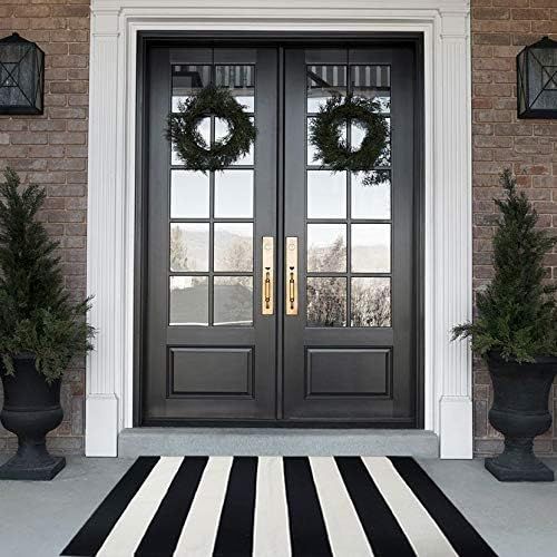 Black and White Striped Rug 28 x 45 Inches Front Door Mat Hand-Woven Cotton Indoor/Outdoor Rug f... | Amazon (US)