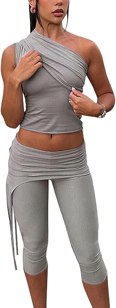Viatabuna Women Sexy 2 Piece Outfit Y2k One Shoulder Sleeveless Foldover Crop Tank Top Fitted Cap... | Amazon (US)
