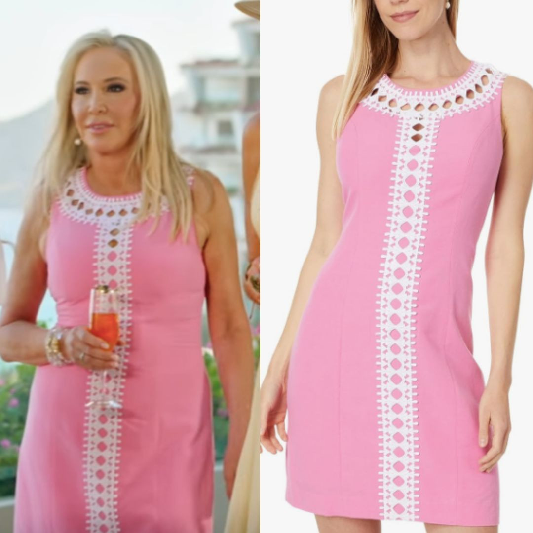 Shannon Beador’s Pink Dress with White Crochet Trim on Love Hotel Season 1 Episode 1