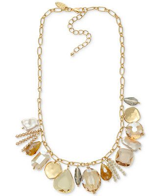 Gold-Tone Disc & Mixed Stone Shaky Bead Statement Necklace, 18" + 3" extender, Created for Macy's | Macys (US)