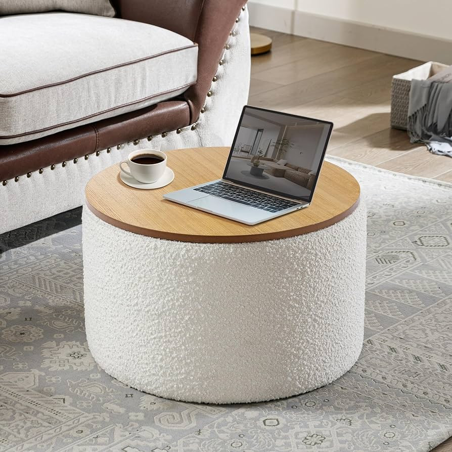 Round Boucle Storage Ottoman, Sherpa Ottoman Coffee Table with Wood Lid, Ottoman Foot Rest Stool ... | Amazon (US)