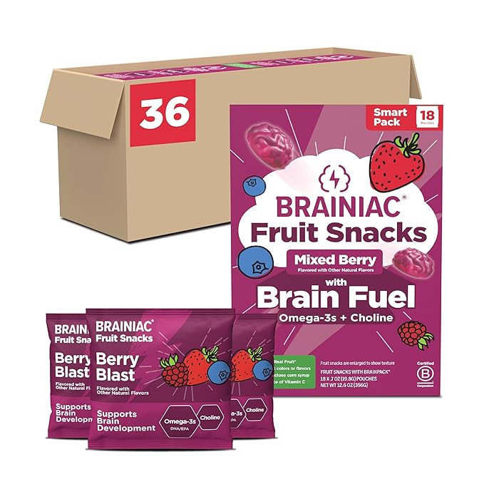 Brainiac Fruit Snacks, Mixed Berry, Brain Boosting Patented BrainPack Ingredients with Omega-3s D... | Amazon (US)