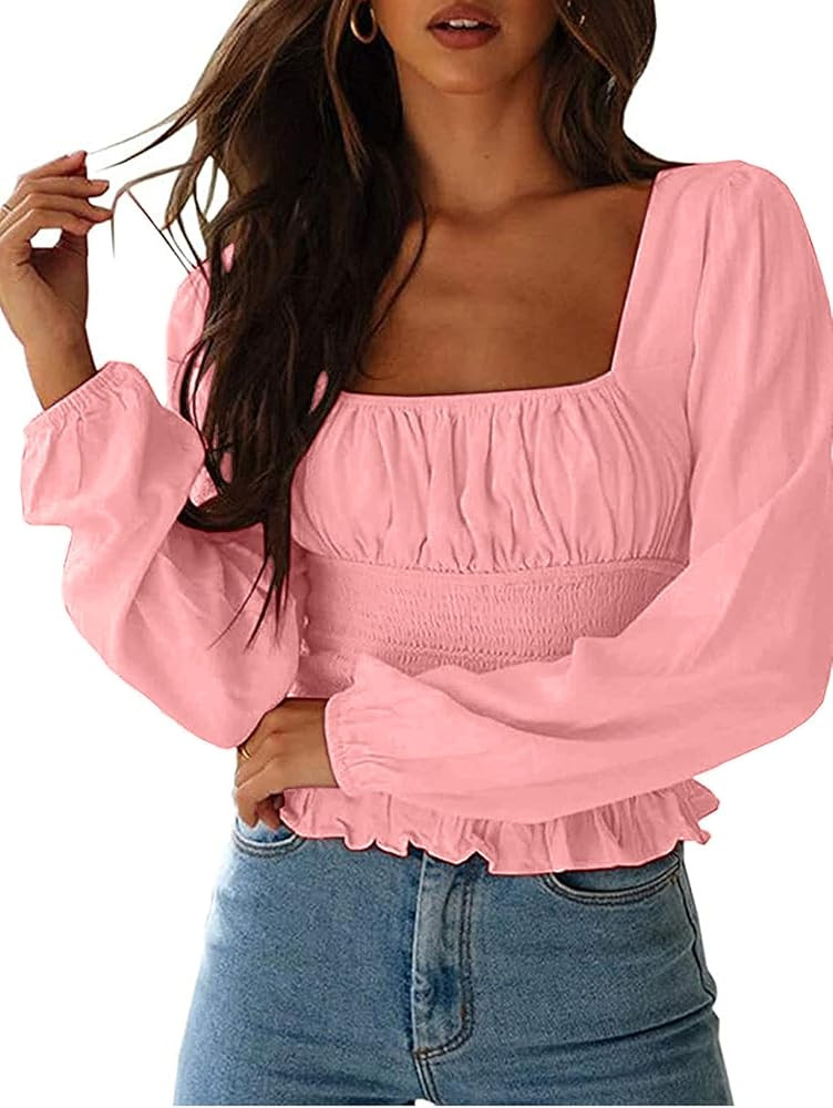 SOFIA'S CHOICE Women's Square Neck Long Sleeve Frill Smock Crop Top Ruffle Hem Blouse Top | Amazon (US)
