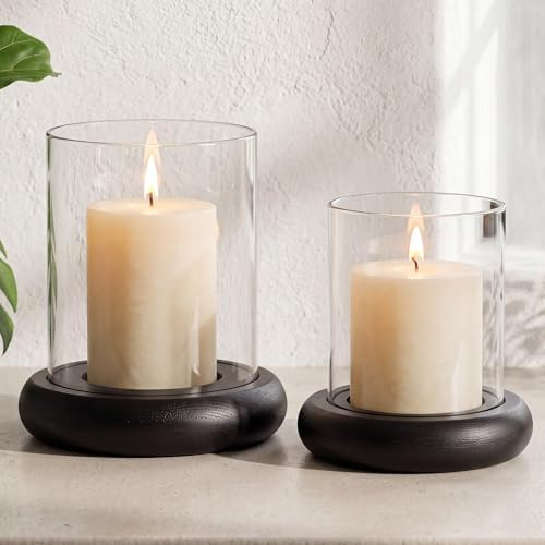Set of 2 Black Hurricane Candle Holders with Wood Base, Modern Windproof Glass Cylinder Lantern, ... | Amazon (US)