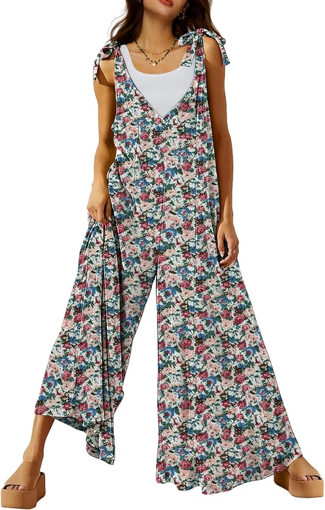 DEEP SELF Women's Summer Causal Jumpsuits Sleeveless Wide Leg Long Rompers V Neck Tie Strap Loose... | Amazon (US)