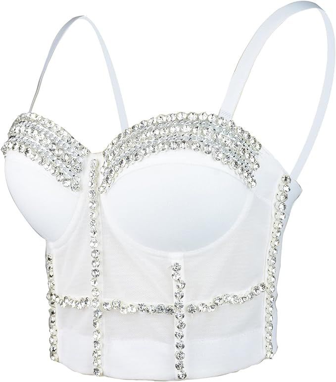 ELLACCI Women's White Diamond Chain Mesh Bustier Crop Top Push Up Corset Top Bralet with Detachab... | Amazon (US)