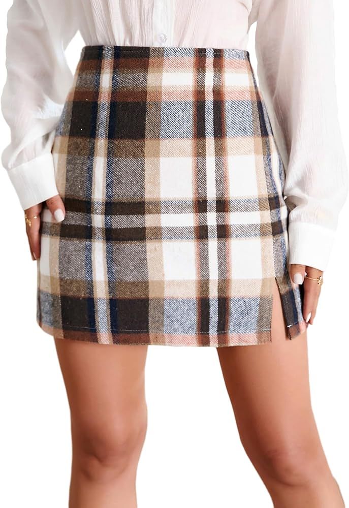 SOLY HUX Women's Plaid Split Hem High Waisted Bodycon Skirt Mini Skirts | Amazon (US)