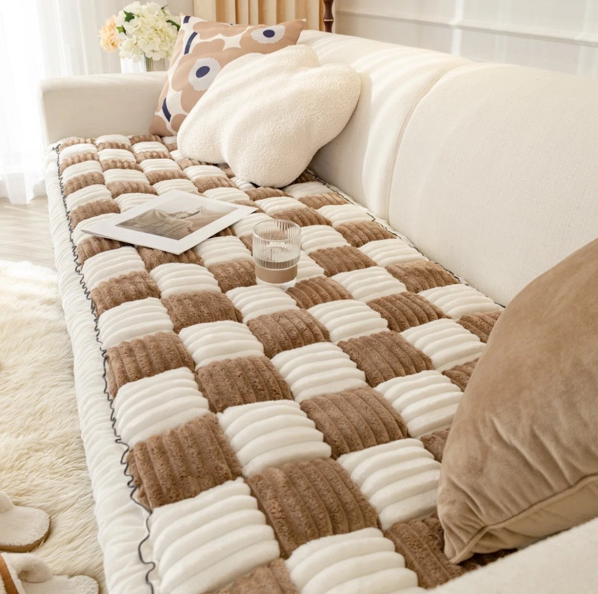 “Obsessed with this plush grid couch cover – soft, stylish, and perfect for relaxing days 🧸☁️✨ And yes, it’s a cozy win for all the animal lovers too! 🐾 Shop the look on my LTK & Amazon Storefront!”