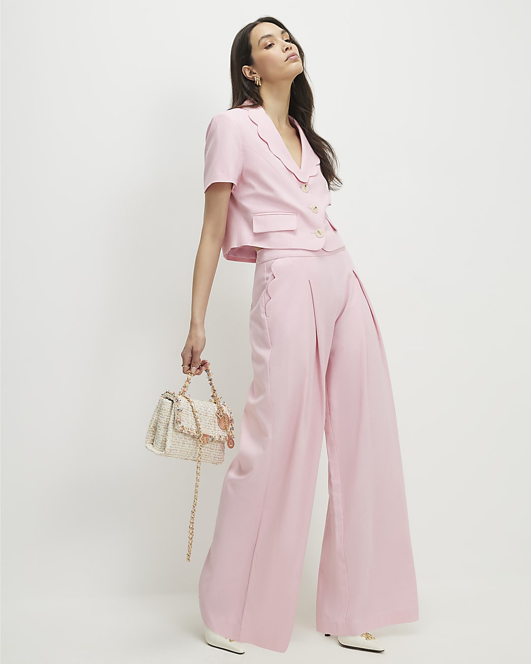 Pink Linen Blend Scalloped Wide Leg Trousers | River Island UK & IE