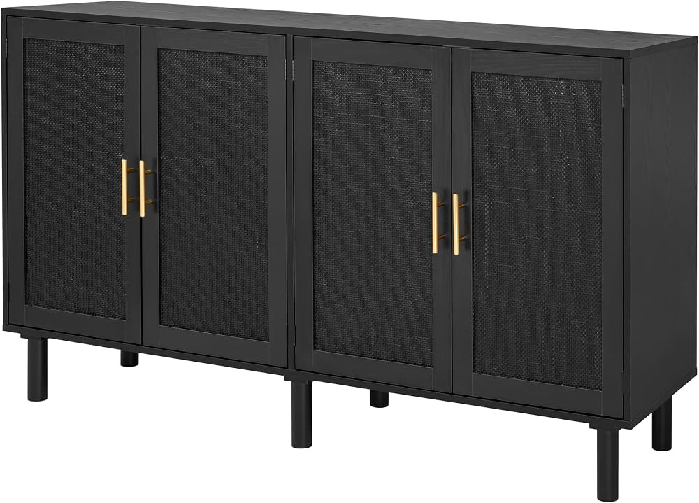 Finnhomy 4 Door Sideboard Buffet Cabinet, Kitchen Storage Buffet with Black Painted Rattan Decora... | Amazon (US)