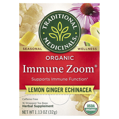 Traditional Medicinals, Organic Immune Zoom®, Lemon Ginger Echinacea, Caffeine Free, 16 Wrapped Tea Bags, 1.13 oz (32 g) | iHerb