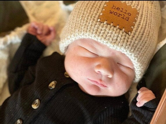 Newborn beanie hat, Hello World patch, double layered, grey, cream, wheat, baby hat, baby  shower... | Etsy (US)