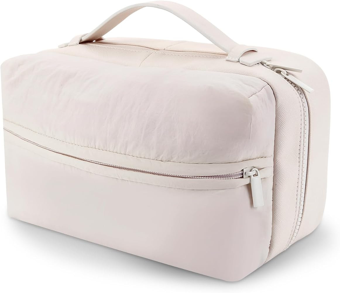 Cessfle Makeup Bag 2 Layer Puffy Makeup Bag Large Cosmetic Bag Waterproof Leather Travel Makeup B... | Amazon (US)
