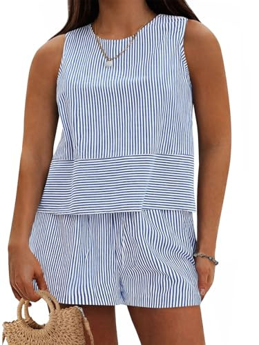 Beautife Womens Plus Size 2 Piece Outfits Striped Crew Neck Tank Top Matching Shorts Sets Summer ... | Amazon (US)