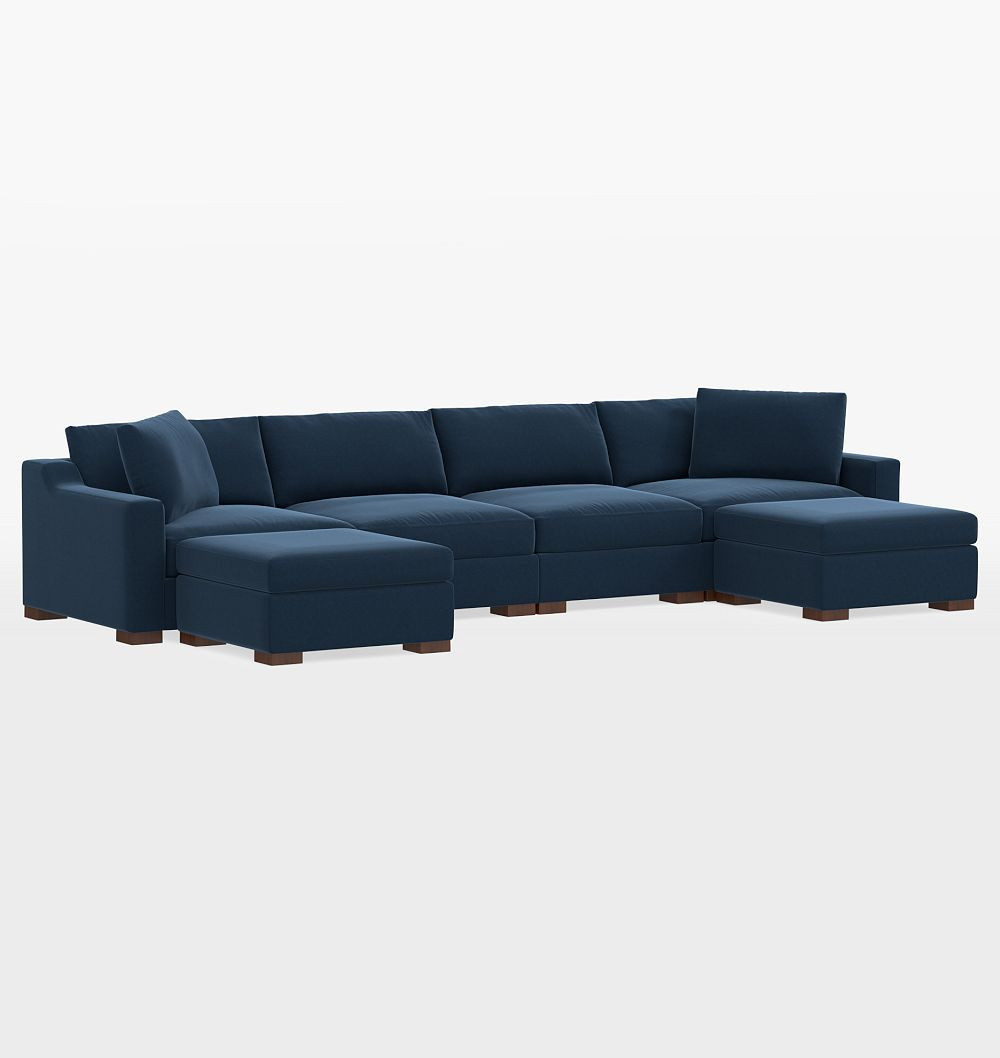 Sublimity 6-Piece Double Ottoman Sectional Sofa, Luxe - Distressed Velvet Ink Blue | Rejuvenation