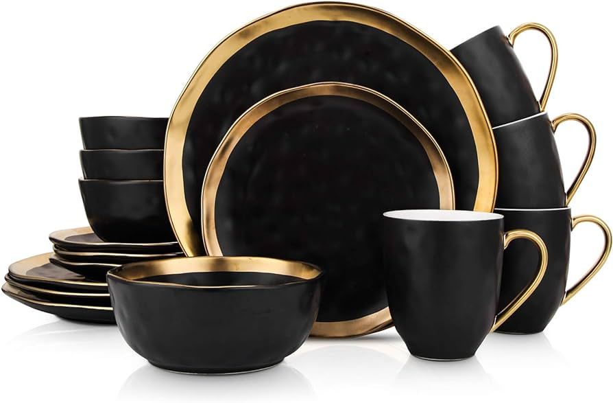 Stone Lain Porcelain 16 Piece Dinnerware Set, Service for 4, Black and Golden Rim | Amazon (US)