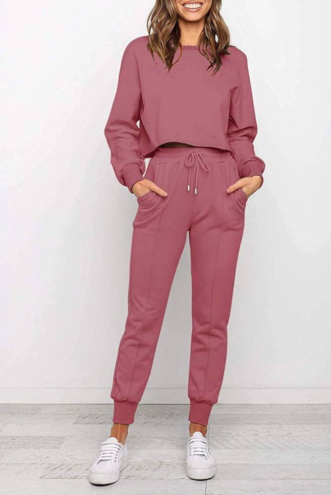 ZESICA Women's Long Sleeve Crop Top and Pants Pajama Sets 2 Piece Jogger Long Sleepwear Loungewear P | Amazon (US)