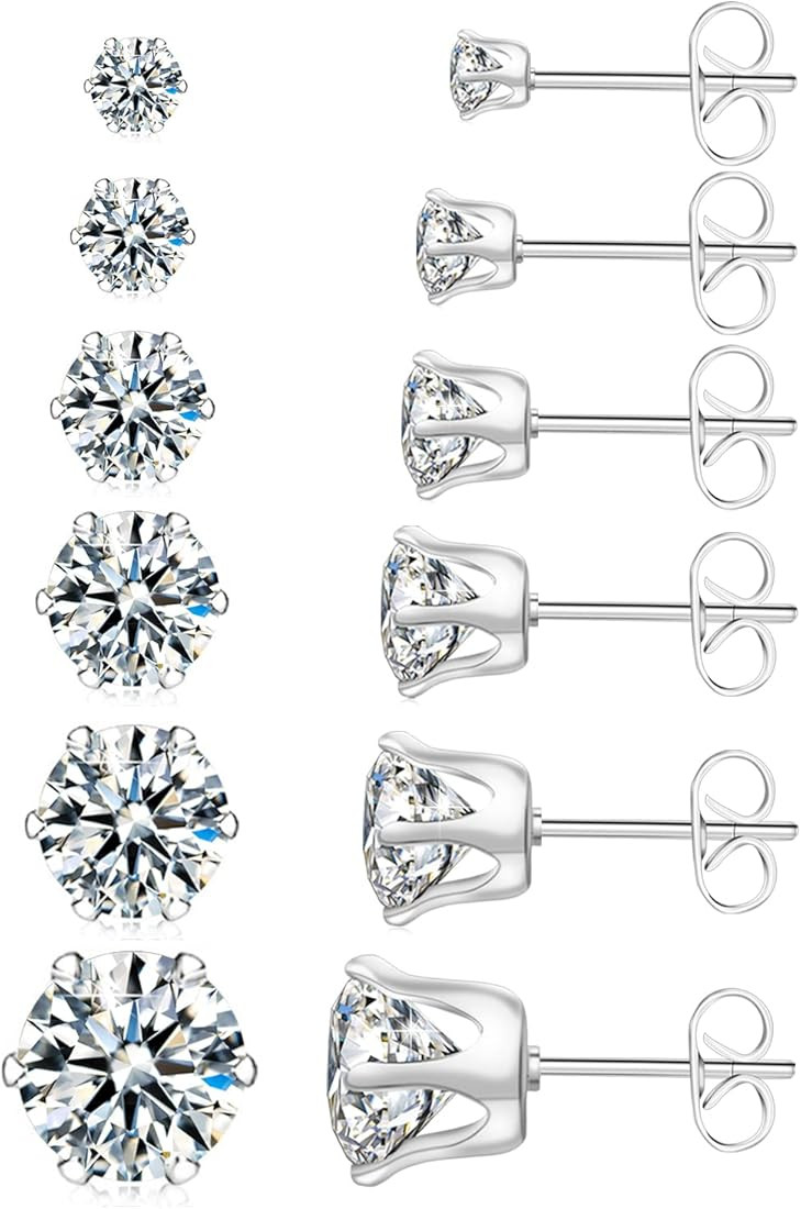 UHIBROS 6 Pairs Stainless Steel Stud Earrings Set Hypoallergenic Cubic Zirconia 14K White Gold 31... | Amazon (US)