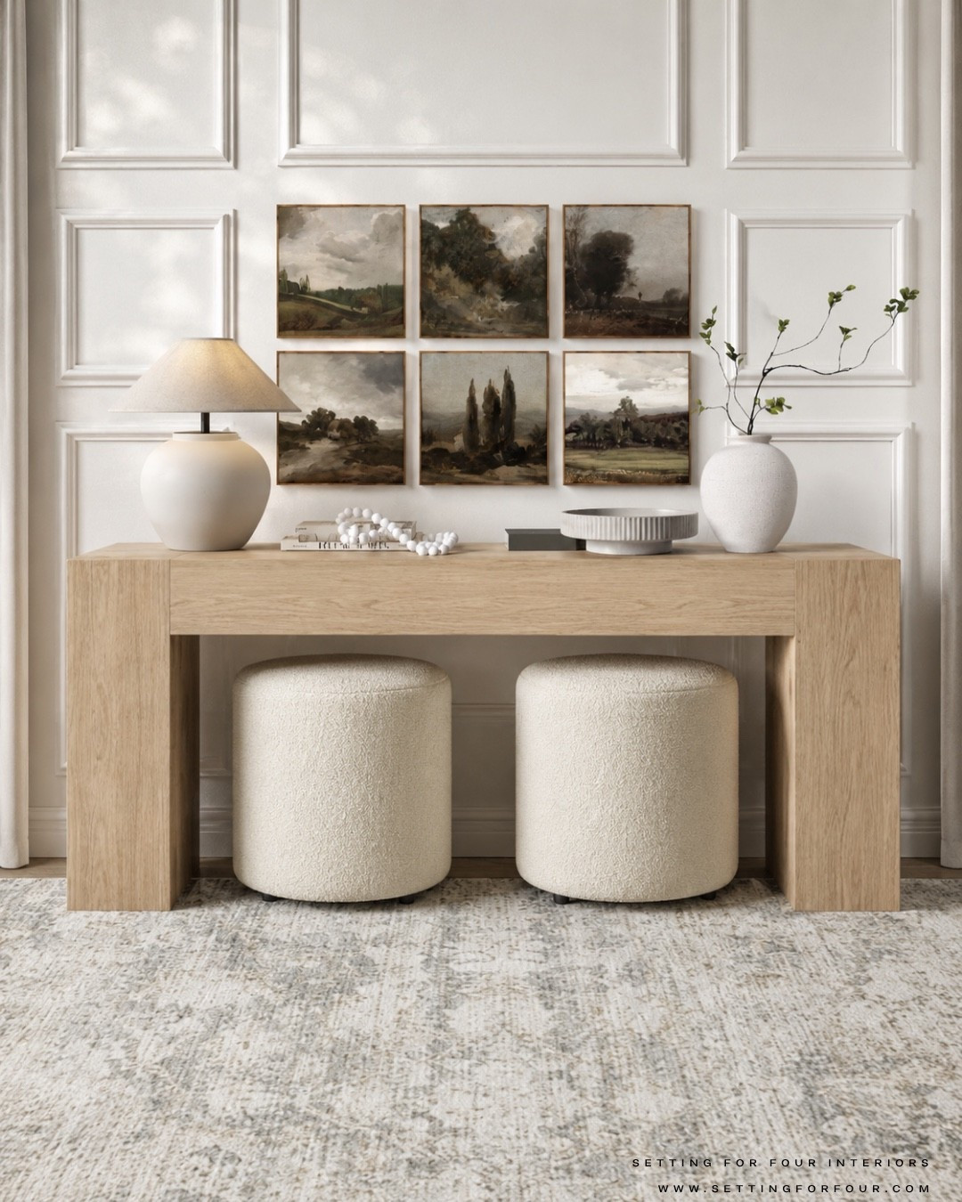 Neutral, cozy console table and decor for the entryway,  hallway, great room, living room, vase, vintage wall art, landscape art, console table decor, bowl, home decor, console table decor, white oak, swivel chairs, ottoman pouf, wood, marble, Loloi area rug, wall art, end table, table lamp, Pottery Barn style, Crate & Barrel style, Amazon home, green, beige and brown, aesthetic,

#LTKhome #LTKsale #LTKfamily