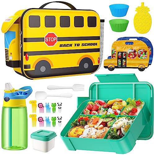 Kids Bento Lunch Box Set with 1330ML Bento Box, Insulated Bag,17oz Water Bottle,Ice Pack,Utensils Set,Birthday Gift for Age 3-15 Back to School Toddler Girl Boy, Leakproof, BPA-Free(Yellow School Bus) | Amazon (US)
