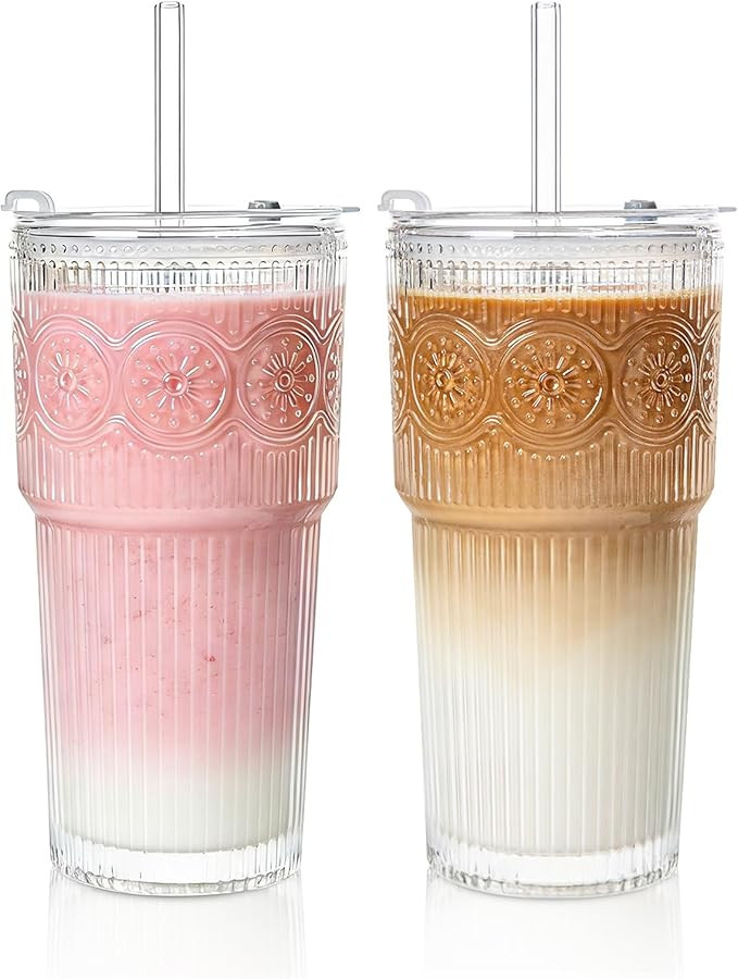 20oz Ribbed & Floral Glass Tumbler Set of 2 – Reusable Glass Cups with Lid and Glass Straw, Ice... | Amazon (US)