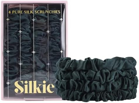 SILKIE x4 Set 100% Pure Mulberry Silk Green Skinny Scrunchies Travel Pouch Everyday Hair Ties Ela... | Amazon (US)