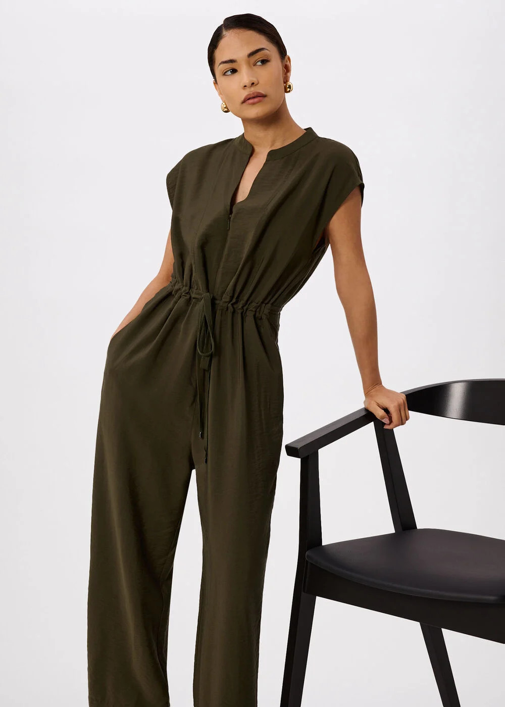 Khaki Sleeveless Drawstring Jumpsuit | WHISTLES | Whistles UK | | Whistles