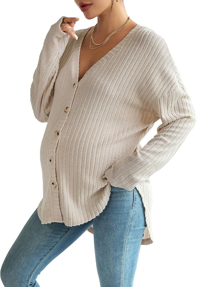 COZYEASE Women's Maternity Ribbed Knit Button Down Tee Shirt Drop Shoulder V Neck Sweater Top | Amazon (US)