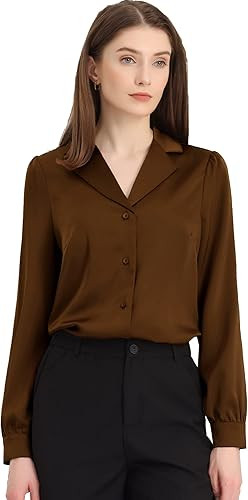 Allegra K Women's Elegant Collar Blouse Long Sleeve Work Office Button Down Satin Shirt | Amazon (US)