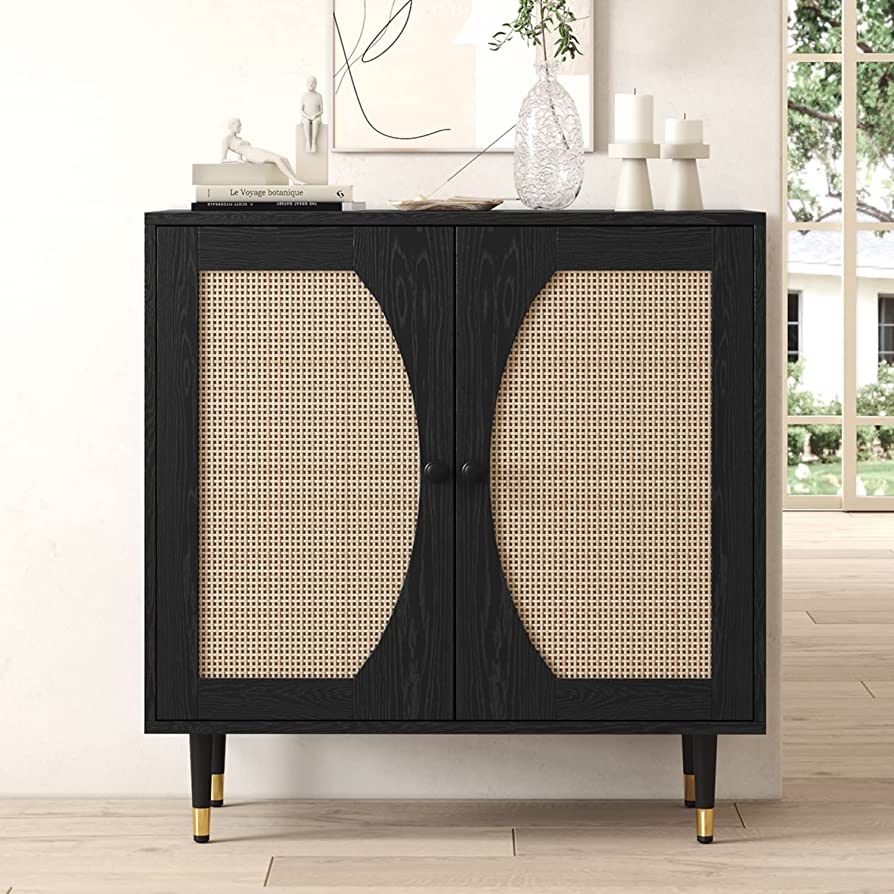 4ever2buy Sideboard Buffet Cabinet, Rattan Accent Cabinet Kitchen Storage Cabinet with Doors, Bla... | Amazon (US)
