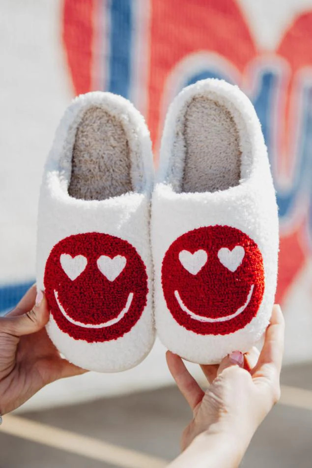 Heart Eyes Red Happy Face Slippers | Katydid.com